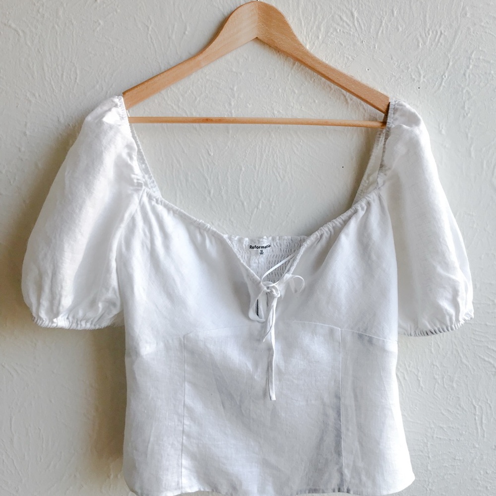 Reformation White Puff Sleeve Tie Front Blouse